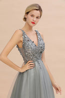 Grey Embellished V - Neck Bodice Tulle Bridesmaid Dress 2