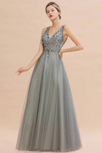 Grey Embellished V - Neck Bodice Tulle Bridesmaid Dress 2