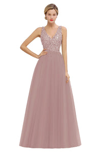 Dusty Pink Embellished V - Neck Bodice Tulle Bridesmaid Dress 2