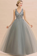 Grey Embellished V - Neck Bodice Tulle Bridesmaid Dress 2