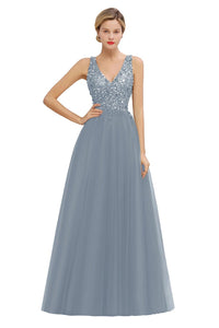 Dusty Blue Embellished V - Neck Bodice Tulle Bridesmaid Dress 2