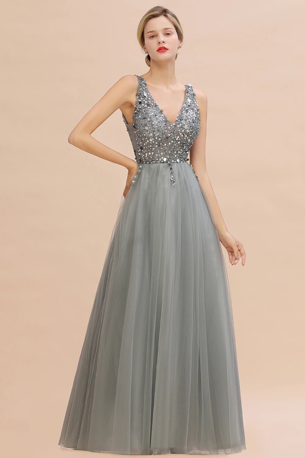 Embellished V-Neck Bodice Tulle Bridesmaid Dress