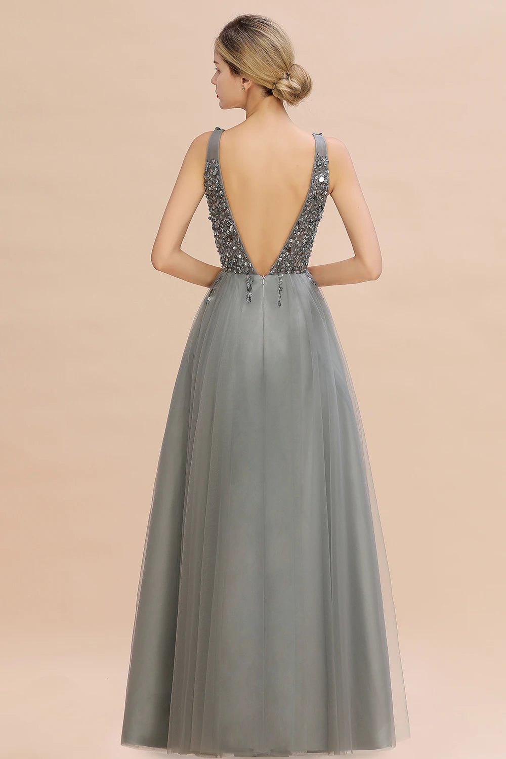 Grey Embellished V - Neck Bodice Tulle Bridesmaid Dress 2