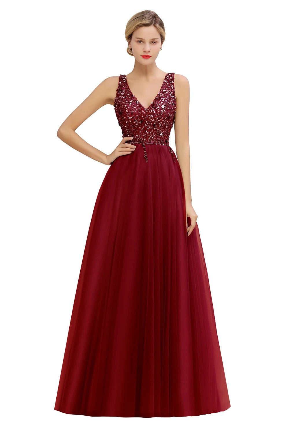 Burgundy Embellished V - Neck Bodice Tulle Bridesmaid Dress 2