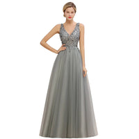 Grey Embellished V - Neck Bodice Tulle Bridesmaid Dress 2