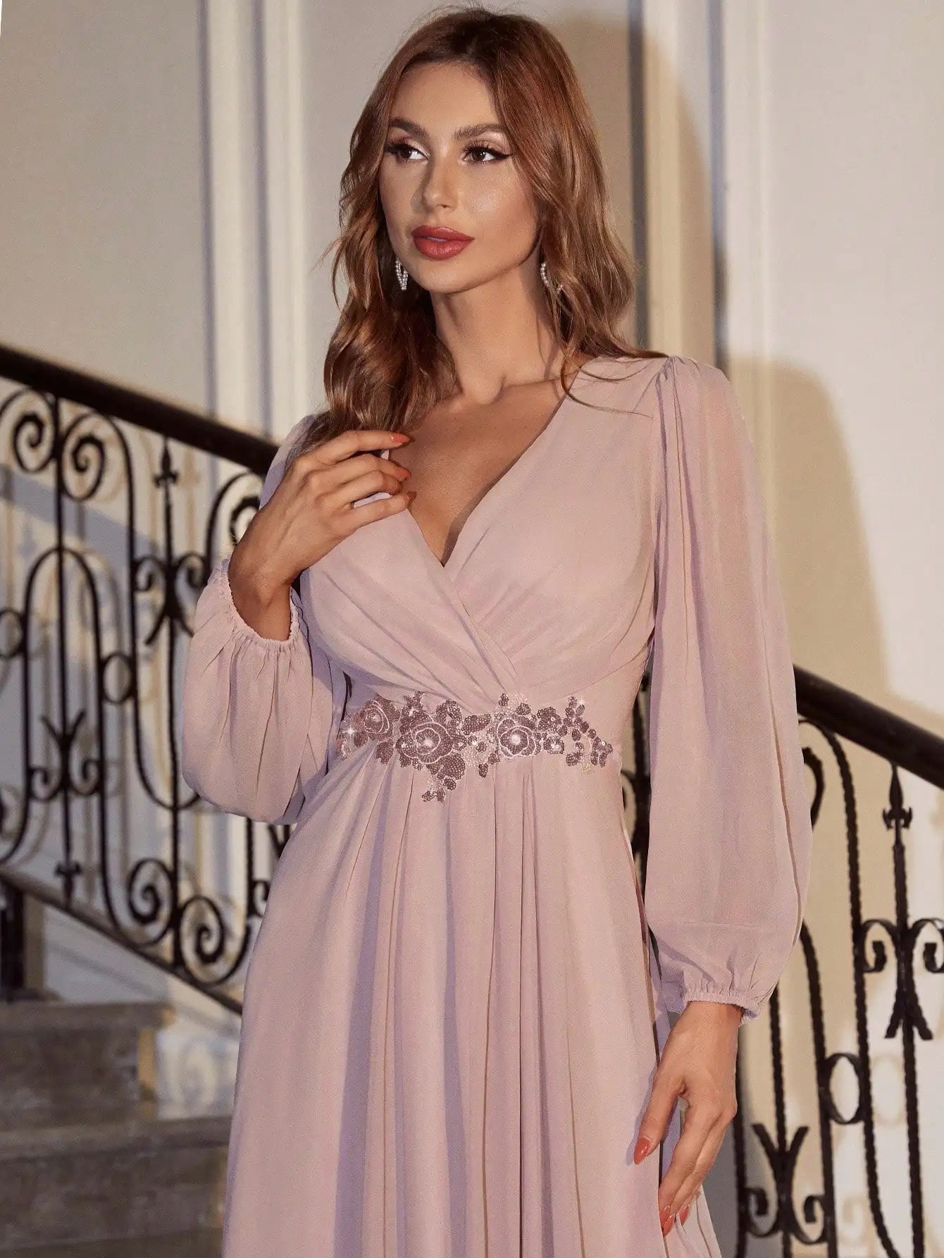 Dusty Pink Embroidered Floral Bust Chiffon Long Sleeve Evening Dress M