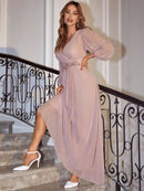 Dusty Pink Embroidered Floral Bust Chiffon Long Sleeve Evening Dress M