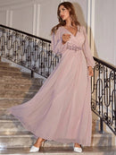 Dusty Pink Embroidered Floral Bust Chiffon Long Sleeve Evening Dress M