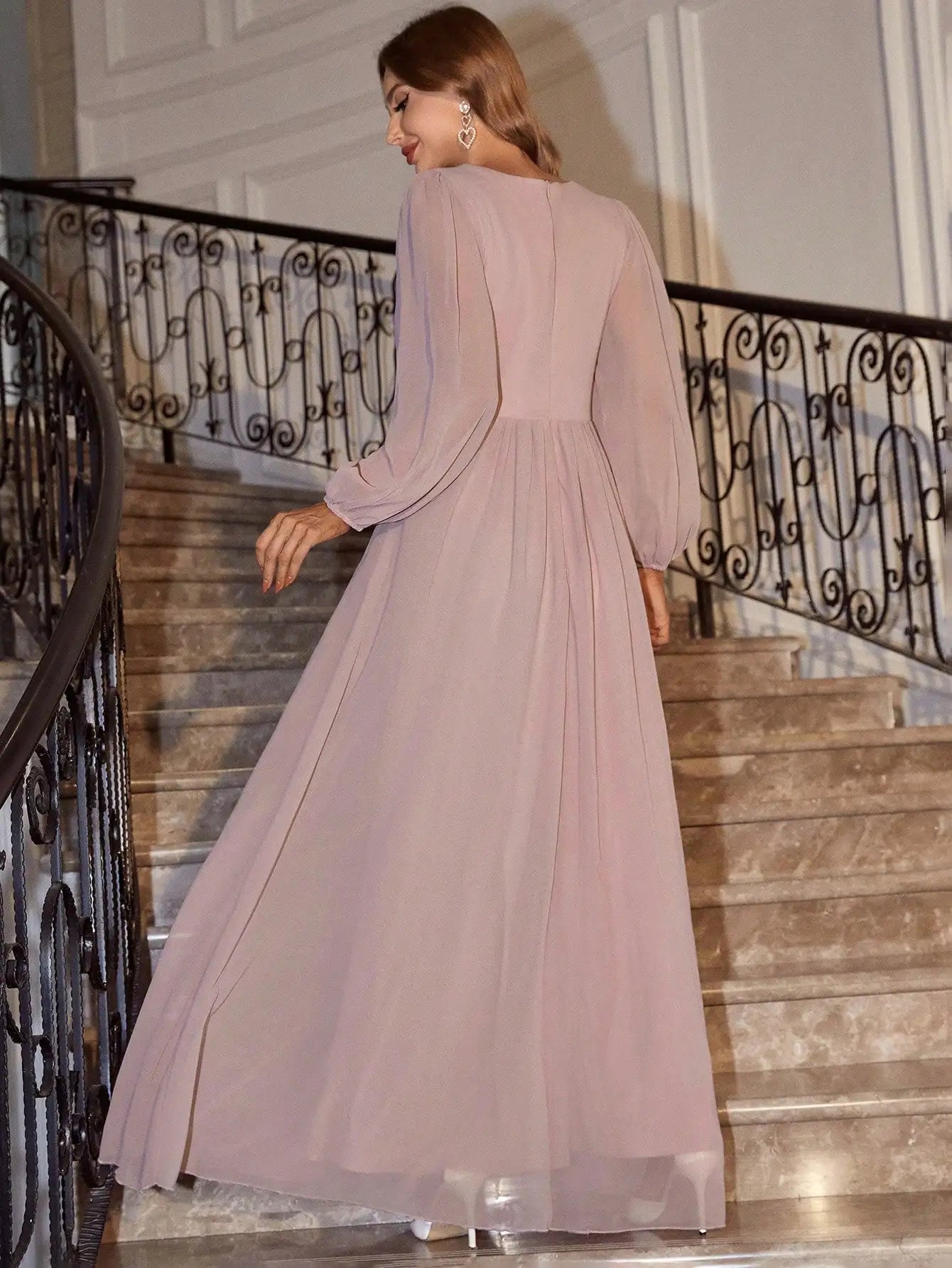 Dusty Pink Embroidered Floral Bust Chiffon Long Sleeve Evening Dress M