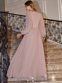 Dusty Pink Embroidered Floral Bust Chiffon Long Sleeve Evening Dress M