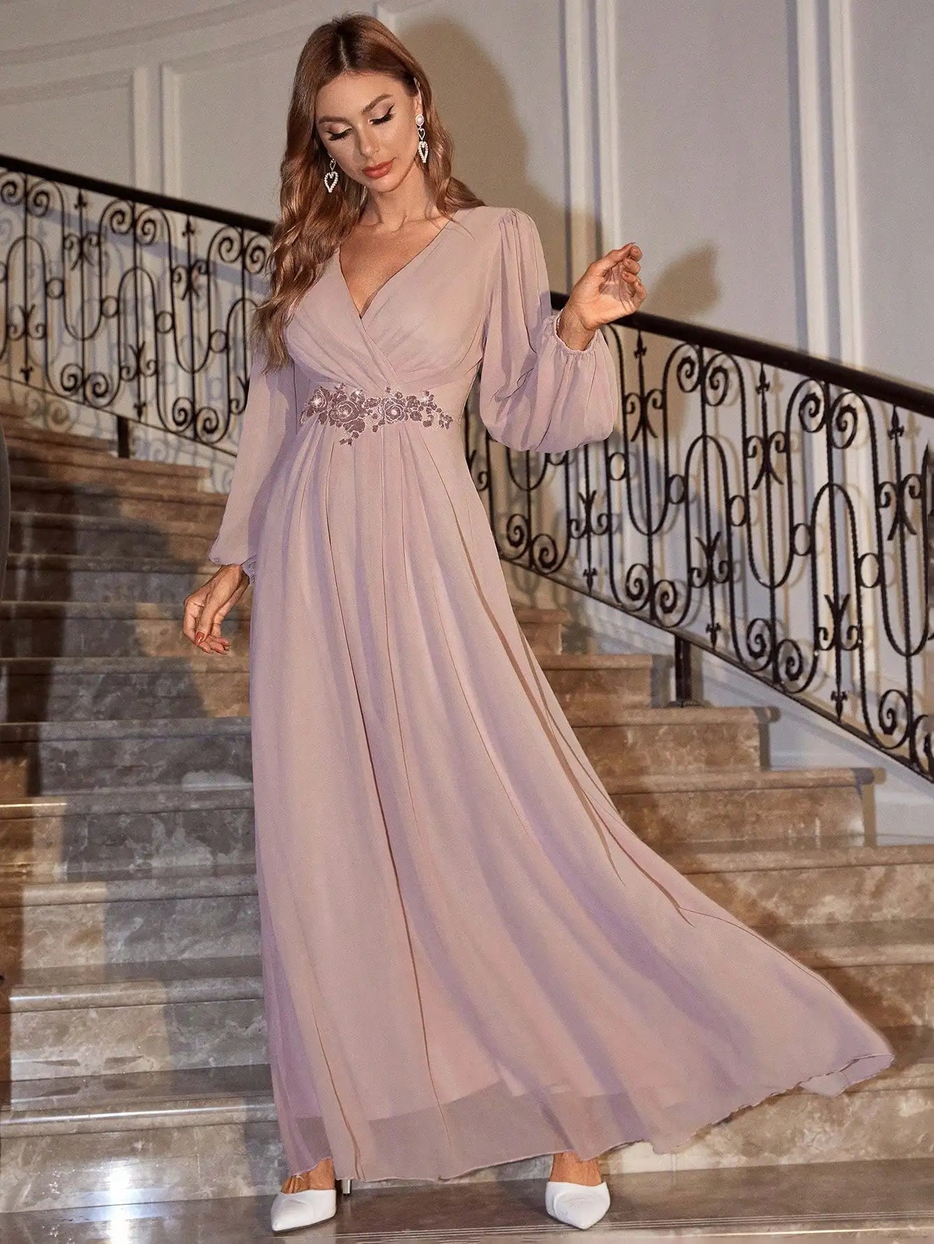 Embroidered  Floral Bust Chiffon  Long Sleeve Evening Dress