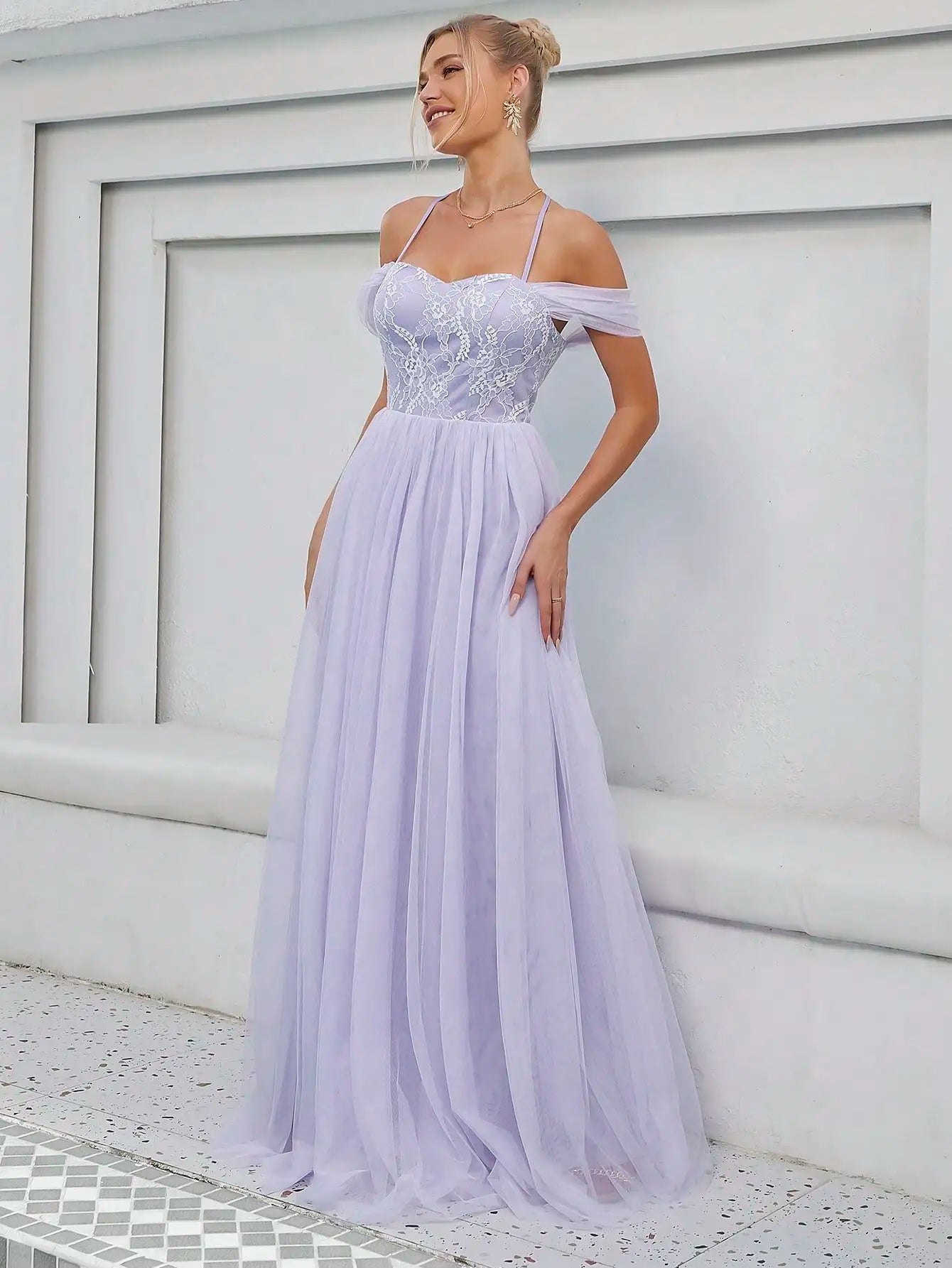 Lavender Embroidered Lace Off The Shoulder Bridesmaid Dresses S