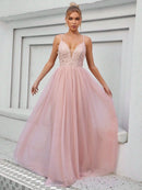 Pink Embroidered V - neck Long White Bridal Party Dress S