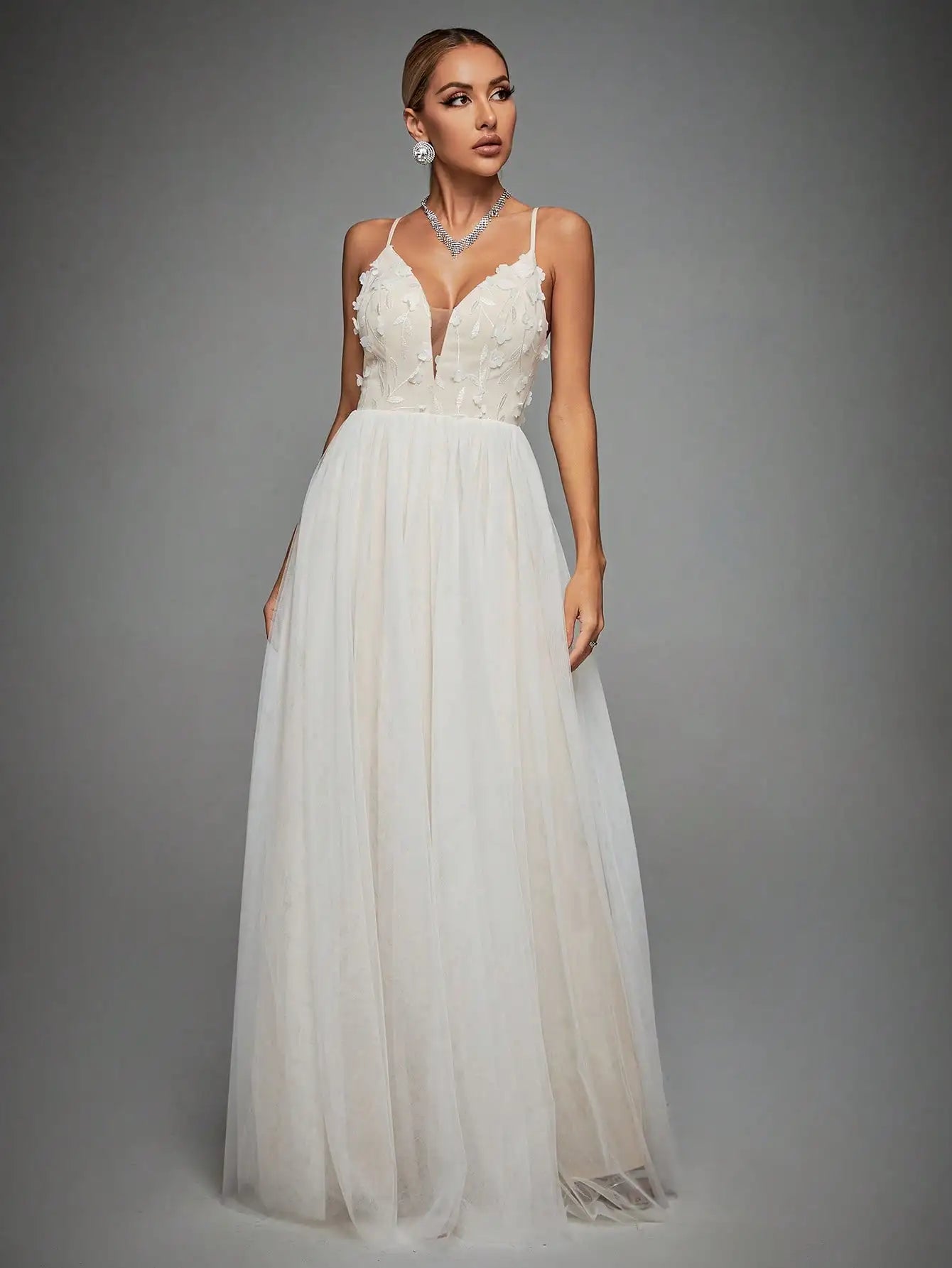 Embroidered V-neck Long White Bridal Party Dress