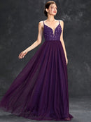 Purple Embroidered V - neck Long White Bridal Party Dress S