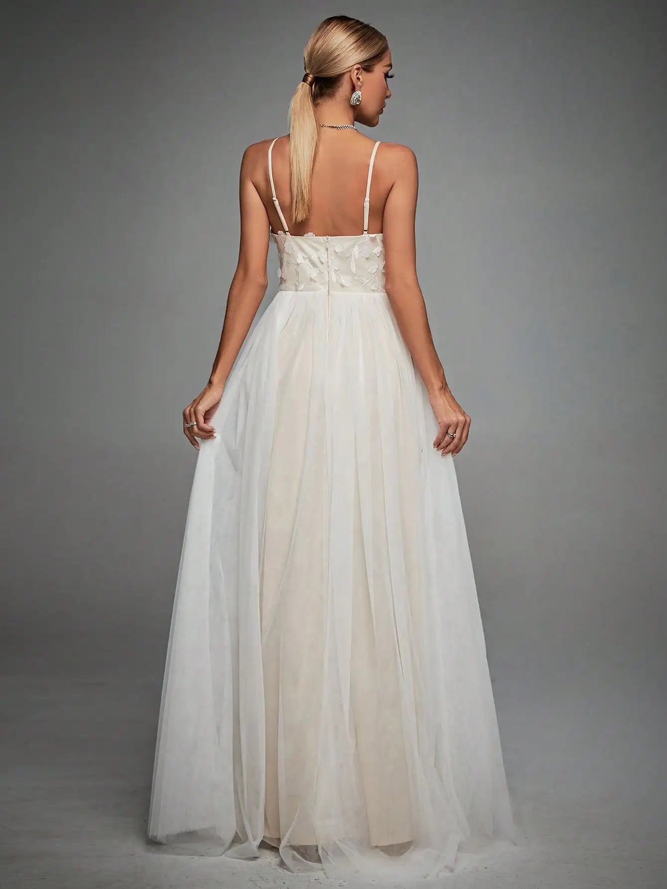 Embroidered V-neck Long White Bridal Party Dress