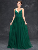 Dark Green Embroidered V - neck Long White Bridal Party Dress XL