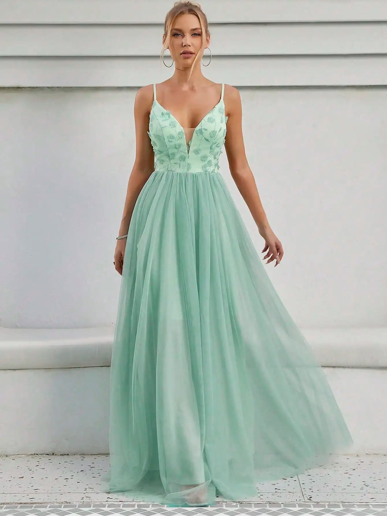 Mint Green Embroidered V - neck Long White Bridal Party Dress XL