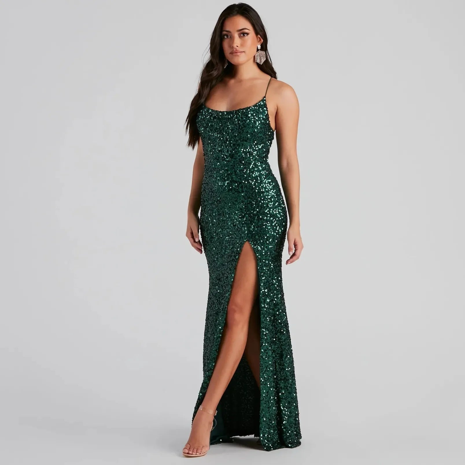 Emerald Green Long Mermaid Sequined Cocktail Dress