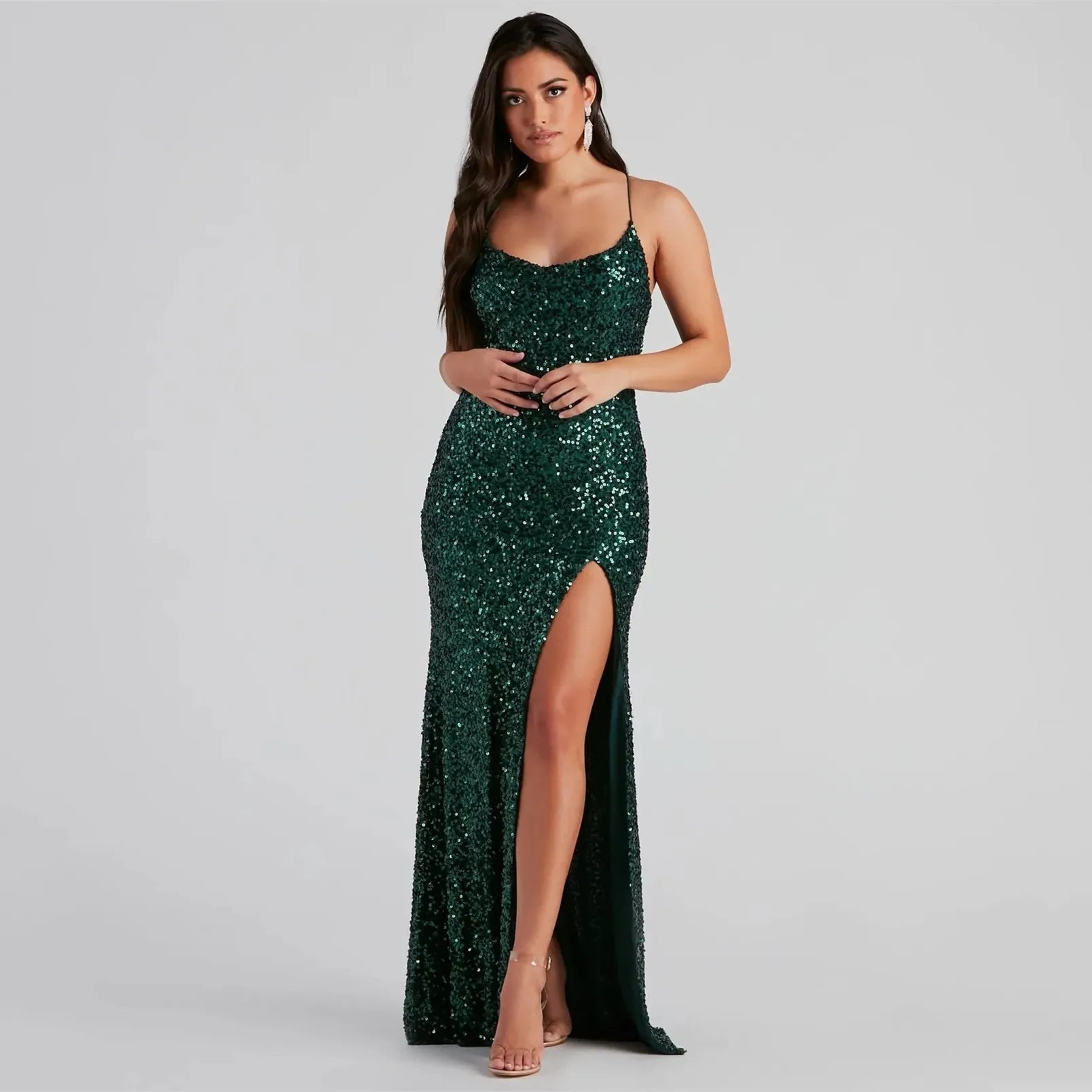 Emerald Green Long Mermaid Sequined Cocktail Dress