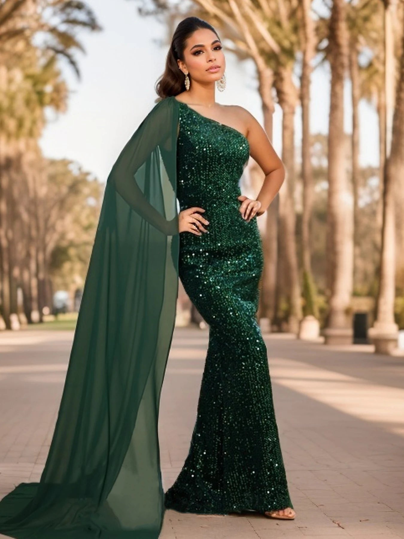 Emerald Green One Shoulder Sequin Prom Dress