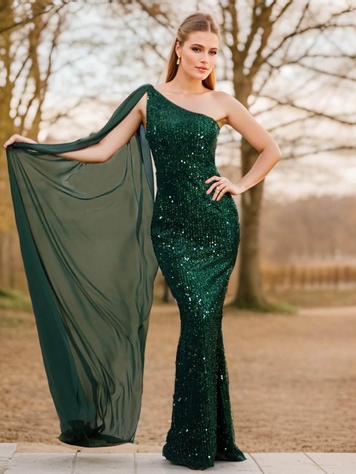 Emerald Green One Shoulder Sequin Prom Dress