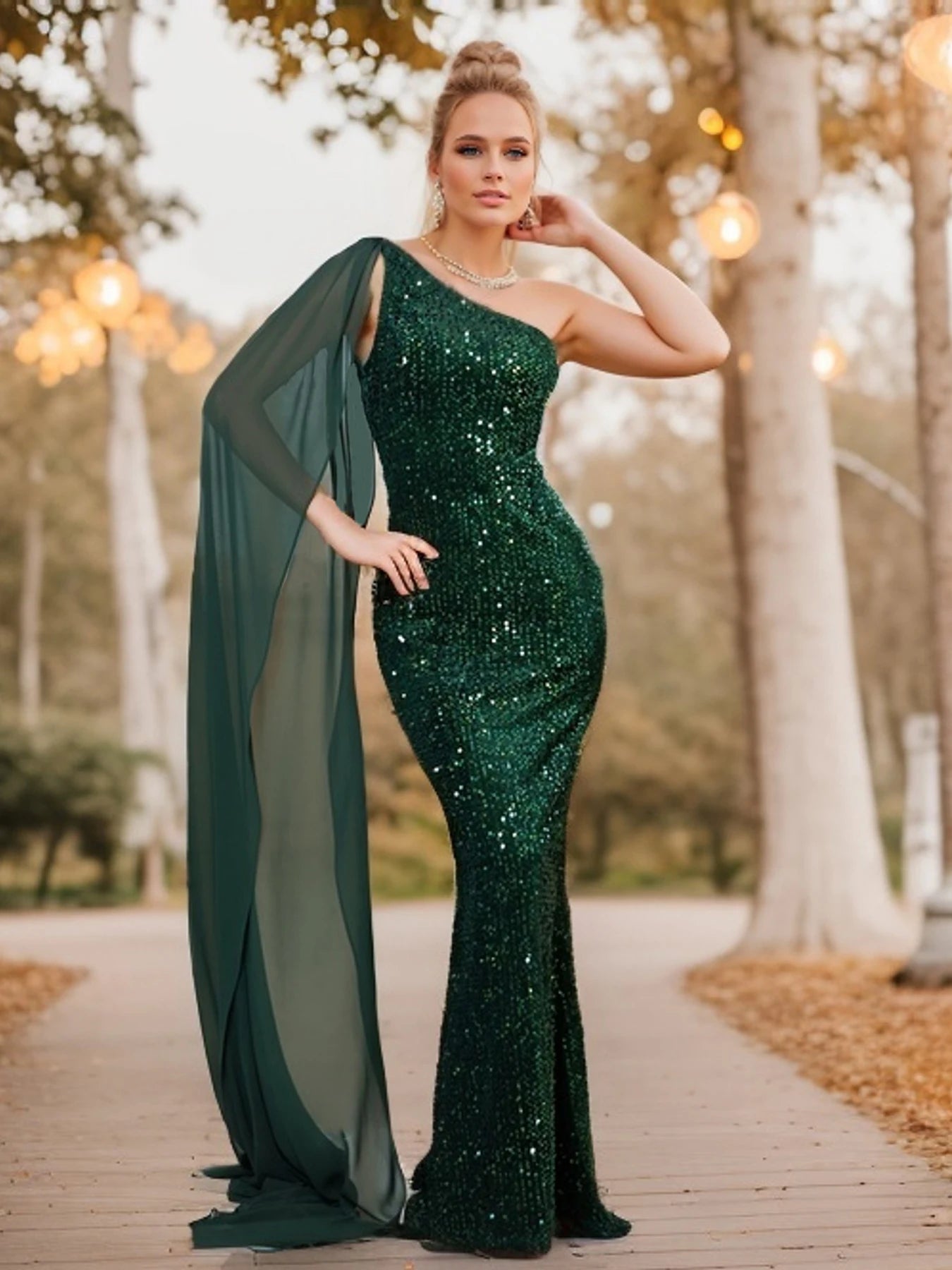 Emerald Green Emerald Green One Shoulder Sequin Prom Dress S