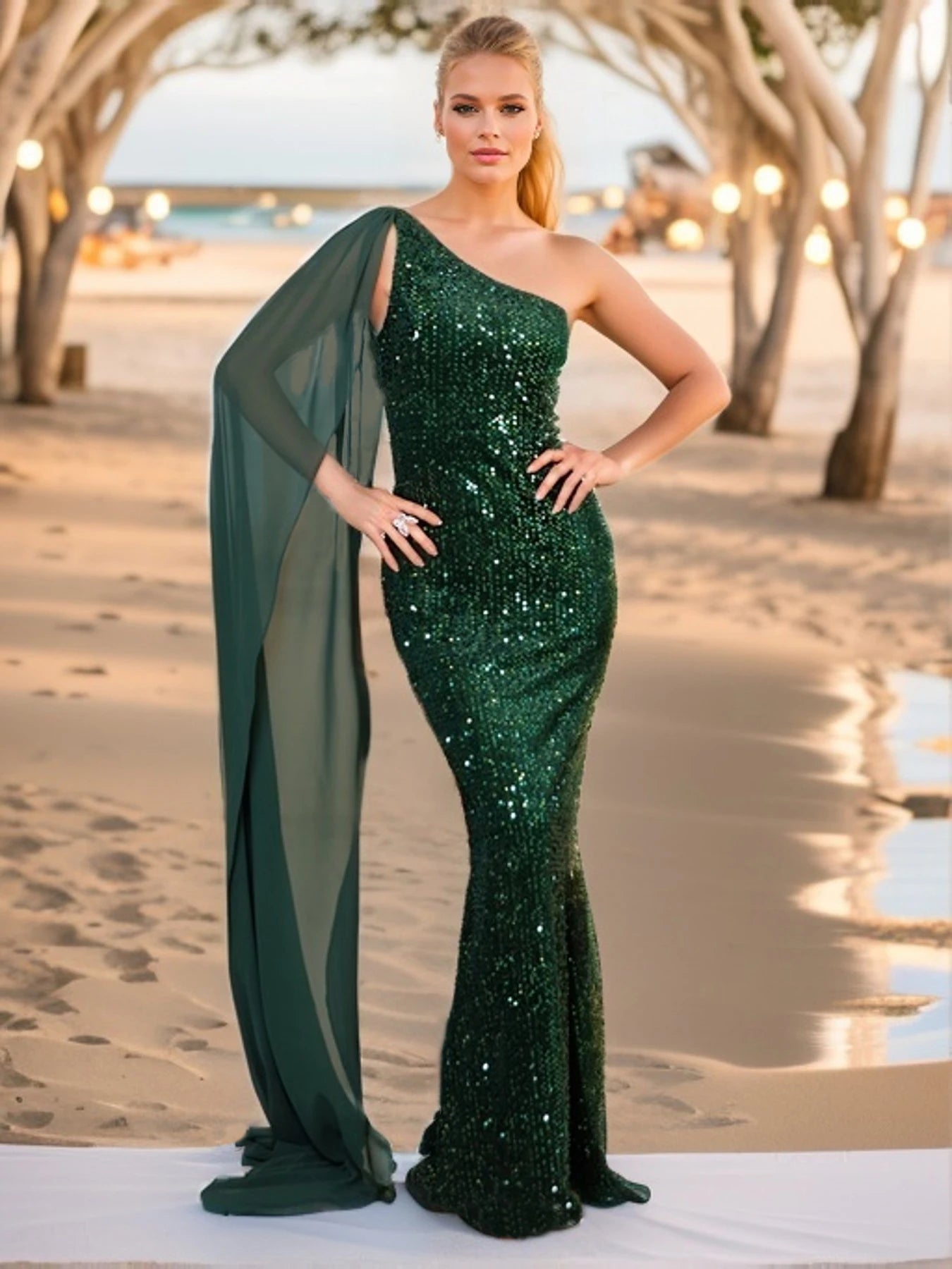 Emerald Green Emerald Green One Shoulder Sequin Prom Dress XL