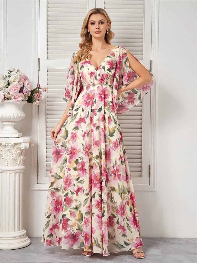 Flare Sleeve Floral Chiffon Evening Dress