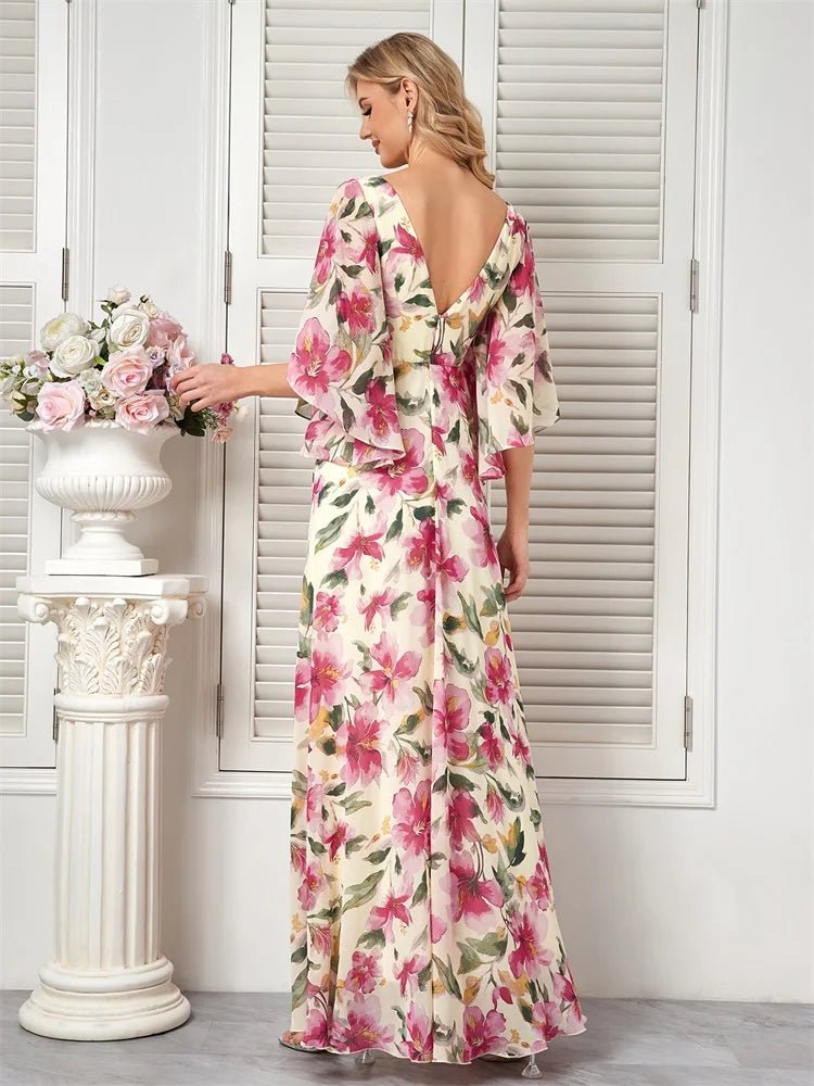 Flare Sleeve Floral Chiffon Evening Dress