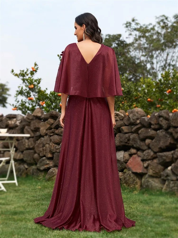 Flared Short Sleeve Elegant Applique Long Evening Dress