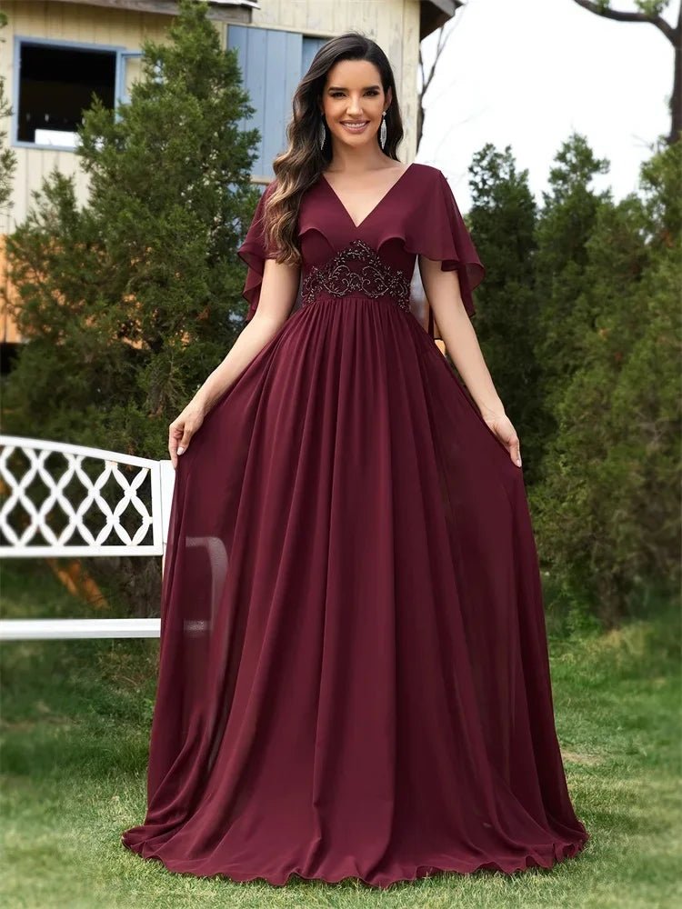 Flared Short Sleeve Elegant Applique Long Evening Dress