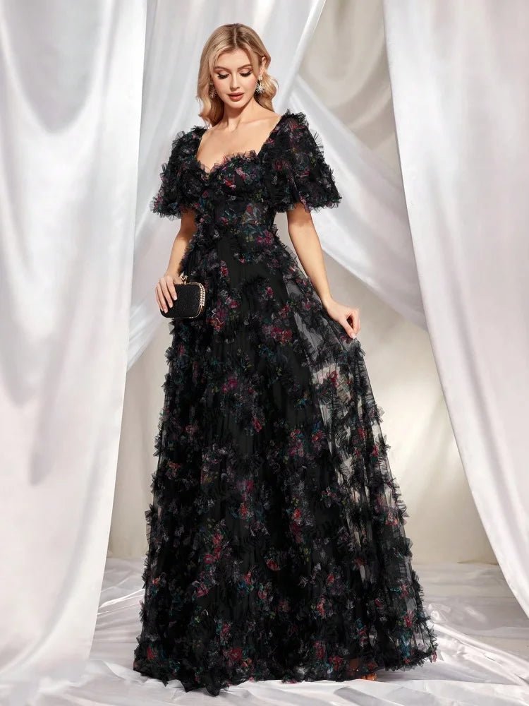 Floral Ball Grown Short sleeve Black Evening Dress