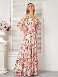 Floral chiffon maxi dress, short flared sleeves, vibrant colors, size 8.