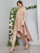 Dusty Pink Floral Embroidered Asymmetrical Mid Calf Dresses S