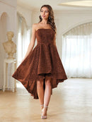 Brown Floral Embroidered Asymmetrical Mid Calf Dresses S