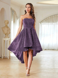 Purple Floral Embroidered Asymmetrical Mid Calf Dresses S