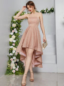 Dusty Pink Floral Embroidered Asymmetrical Mid Calf Dresses S