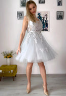 White Floral Embroidered Bodice Tulle Bridesmaid Dress 2