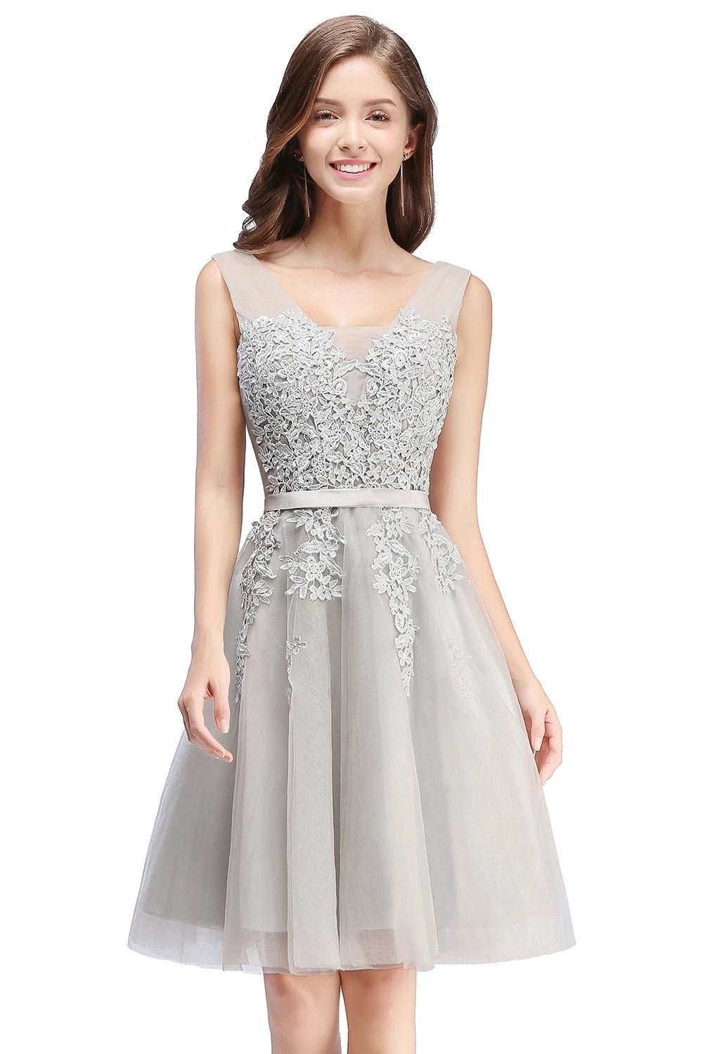 Silver Floral Embroidered Bodice Tulle Bridesmaid Dress 2