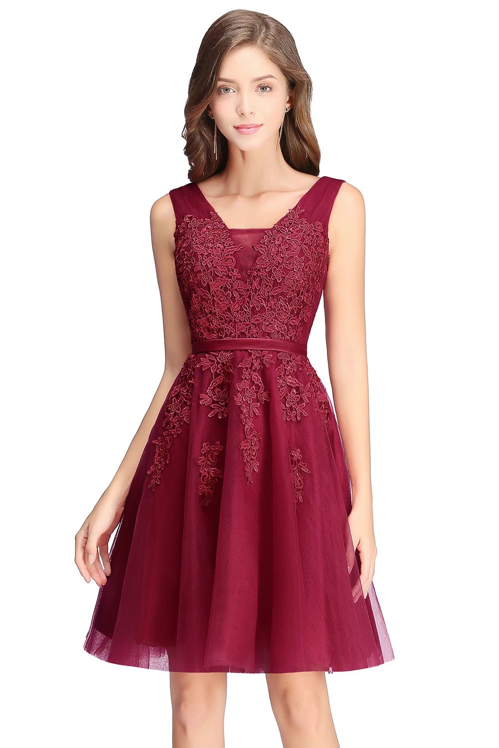 Burgundy Floral Embroidered Bodice Tulle Bridesmaid Dress 2