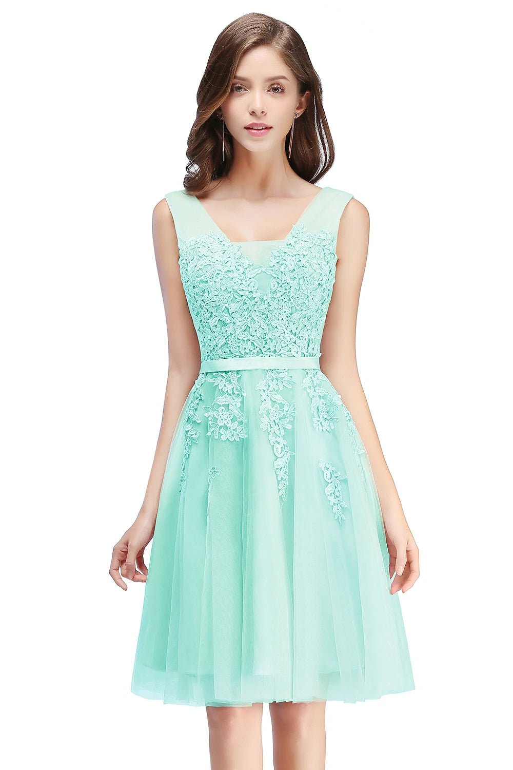 Mint Green Floral Embroidered Bodice Tulle Bridesmaid Dress 2