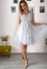 White Floral Embroidered Bodice Tulle Bridesmaid Dress 2