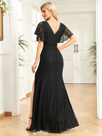 black Floral Lace Short Sleeve Sexy Mermaid Evening Gown S