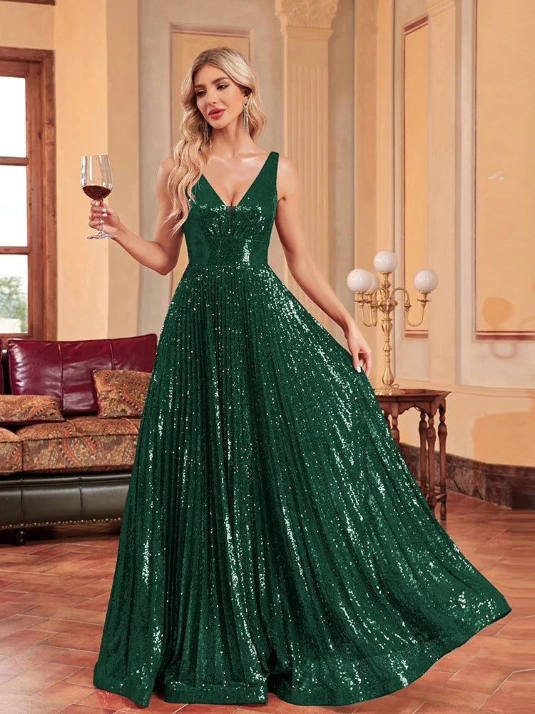 Formal Evening Dress with V-Neck and Sequins