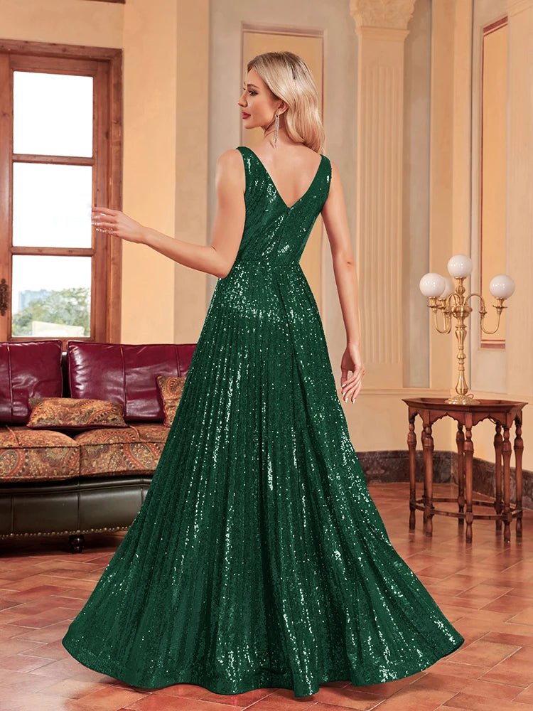 Formal Evening Dress with V-Neck and Sequins