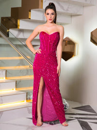 Fuchsia strapless mermaid sequin velvet dress with slit