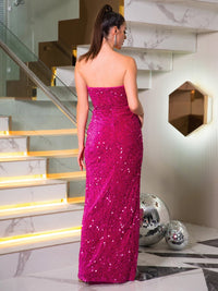 Back view of fuchsia strapless mermaid sequin velvet dress