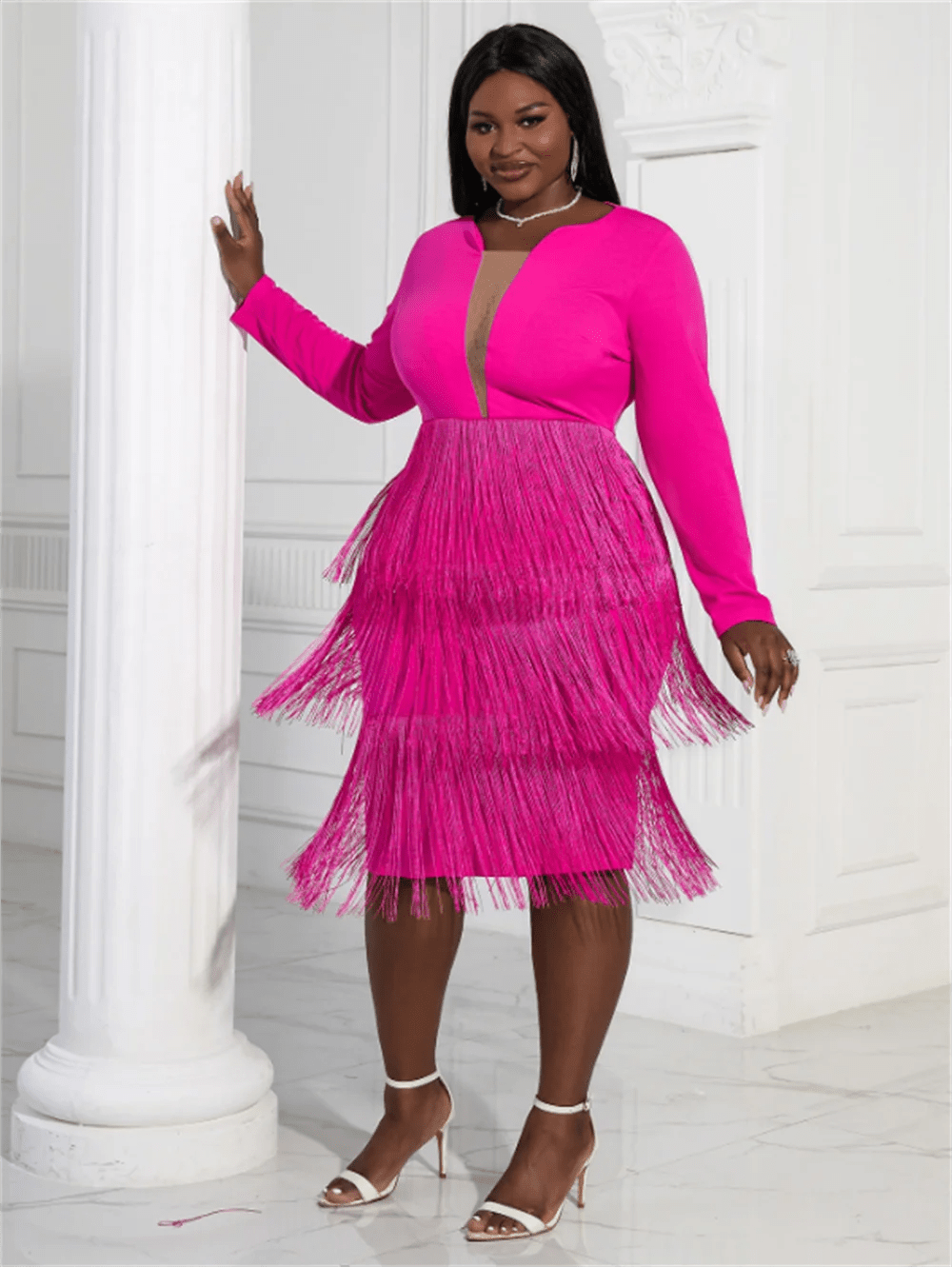 Fuchsia Tea Length Party Dress with Long Sleeves