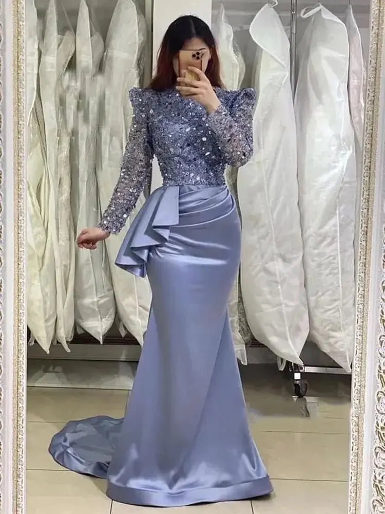 Glitter Sequin Dusty Blue Satin Mermaid Gown